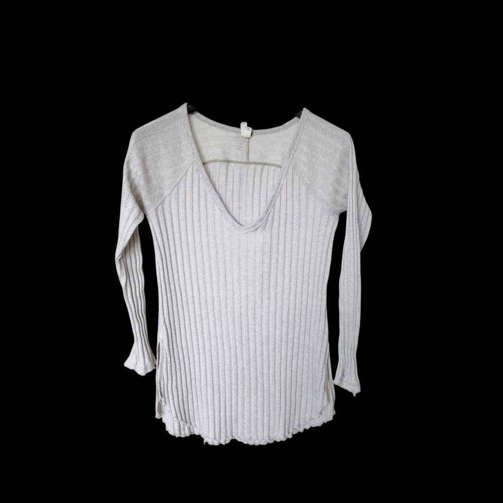 We‎ The Free Free People Oatmeal Ribbed V-Neck Thermal Long Sleeve Top Large